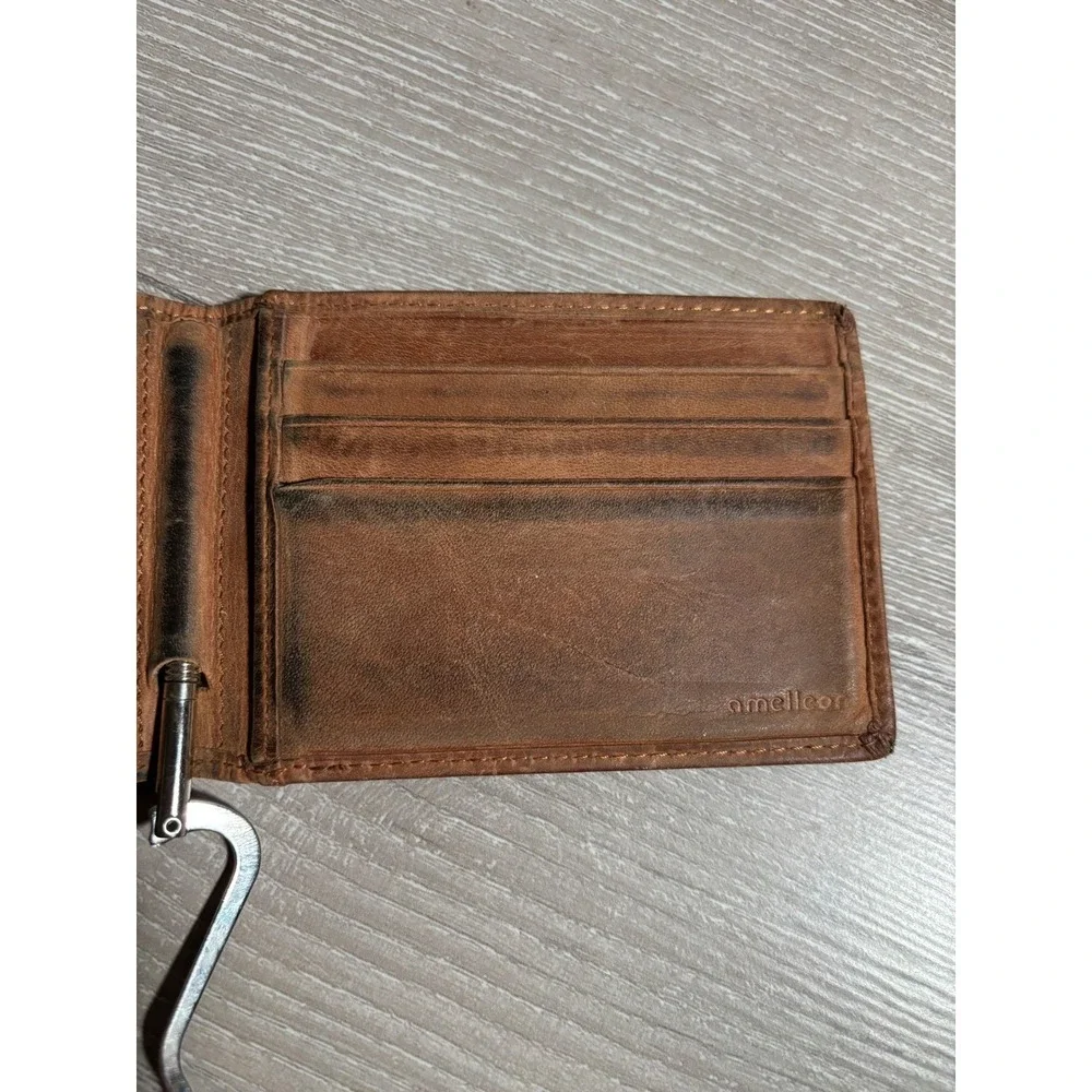 Amelleon Mens Brown Leather RFID Blocking Bifold Money Clip Wallet ID Window